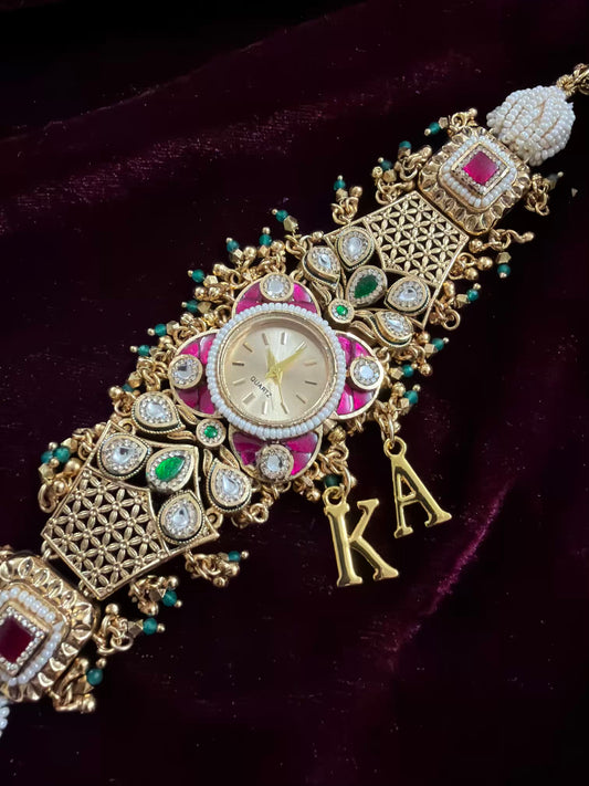 New Launch Kundan Floral Premium Gold Maharani Watch Design Heritage Bracelet ( Initials will be customised )