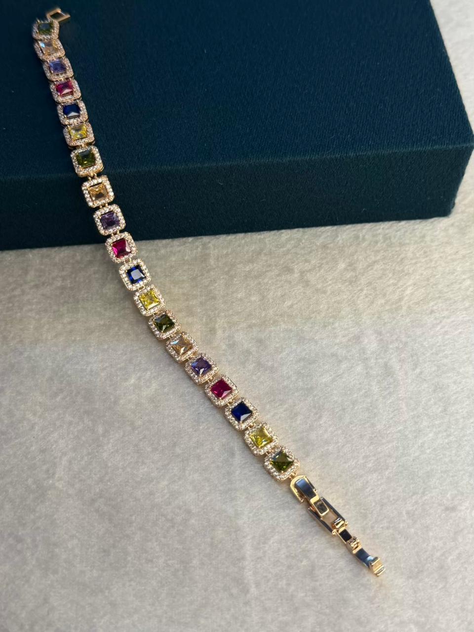 Multicolour Square Shape Stones Rose Gold Plated Tennis Bracelet