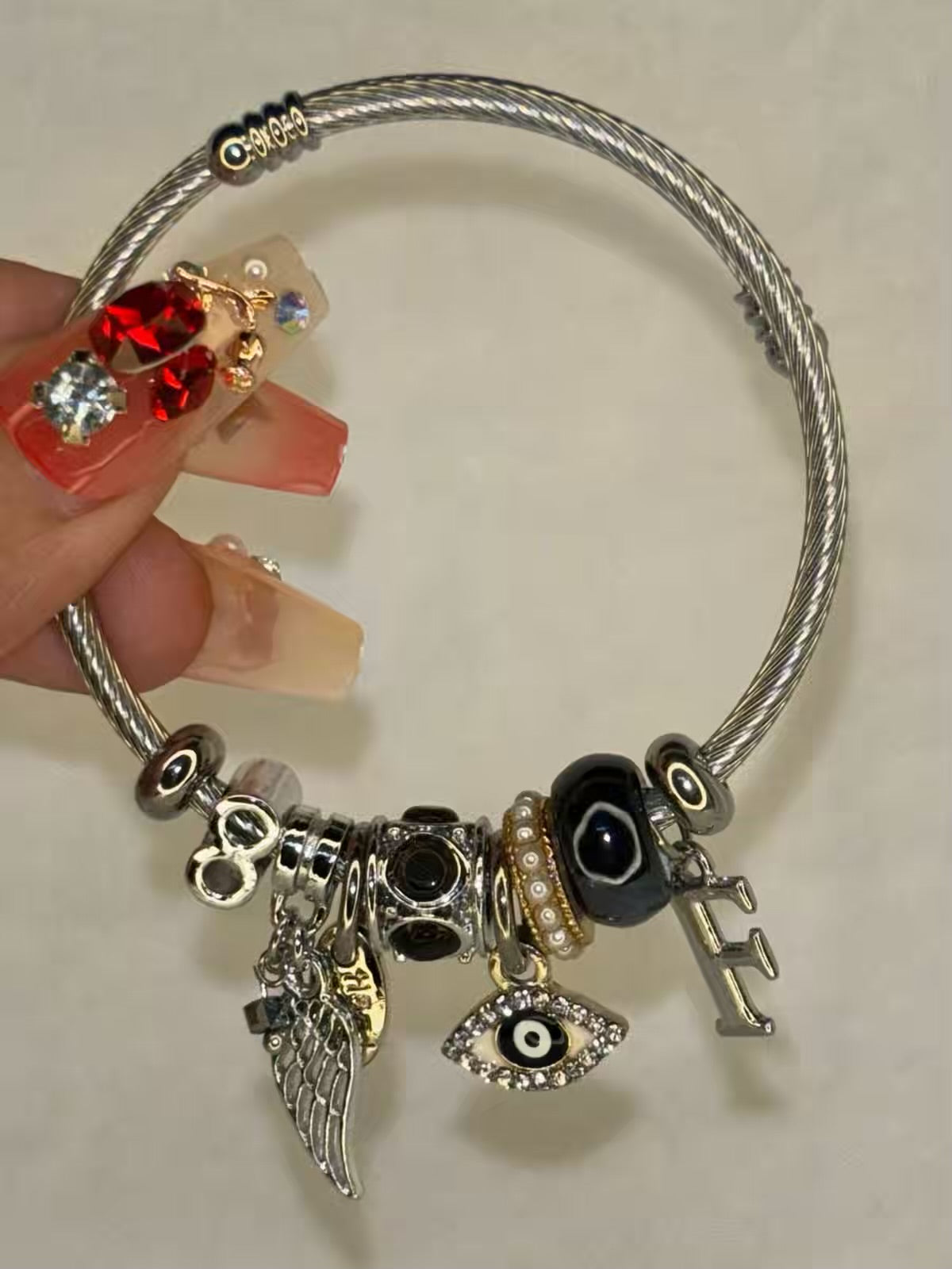 Pandora Charms Black Evil Eye Bracelet With Customised Initial  ( Silver )