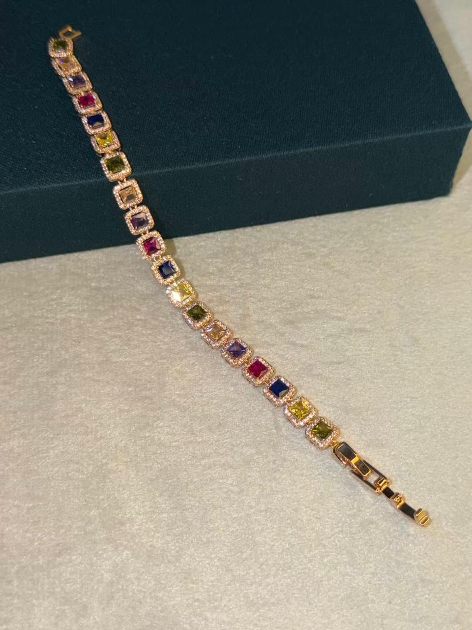 Multicolour Square Shape Stones Rose Gold Plated Tennis Bracelet