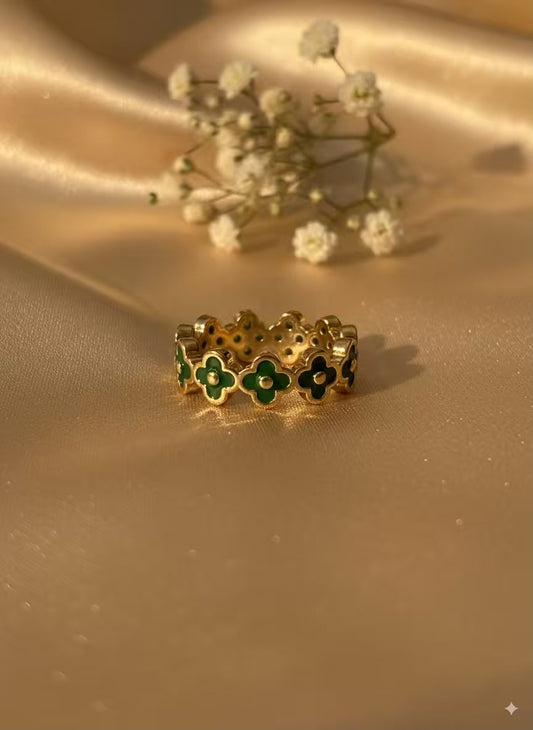 Green Clover Colourful Gold Plated Premium Ring (Adjustable)
