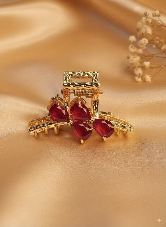 Red Rubies Bows Premium Claw Clip - Gold Plated
