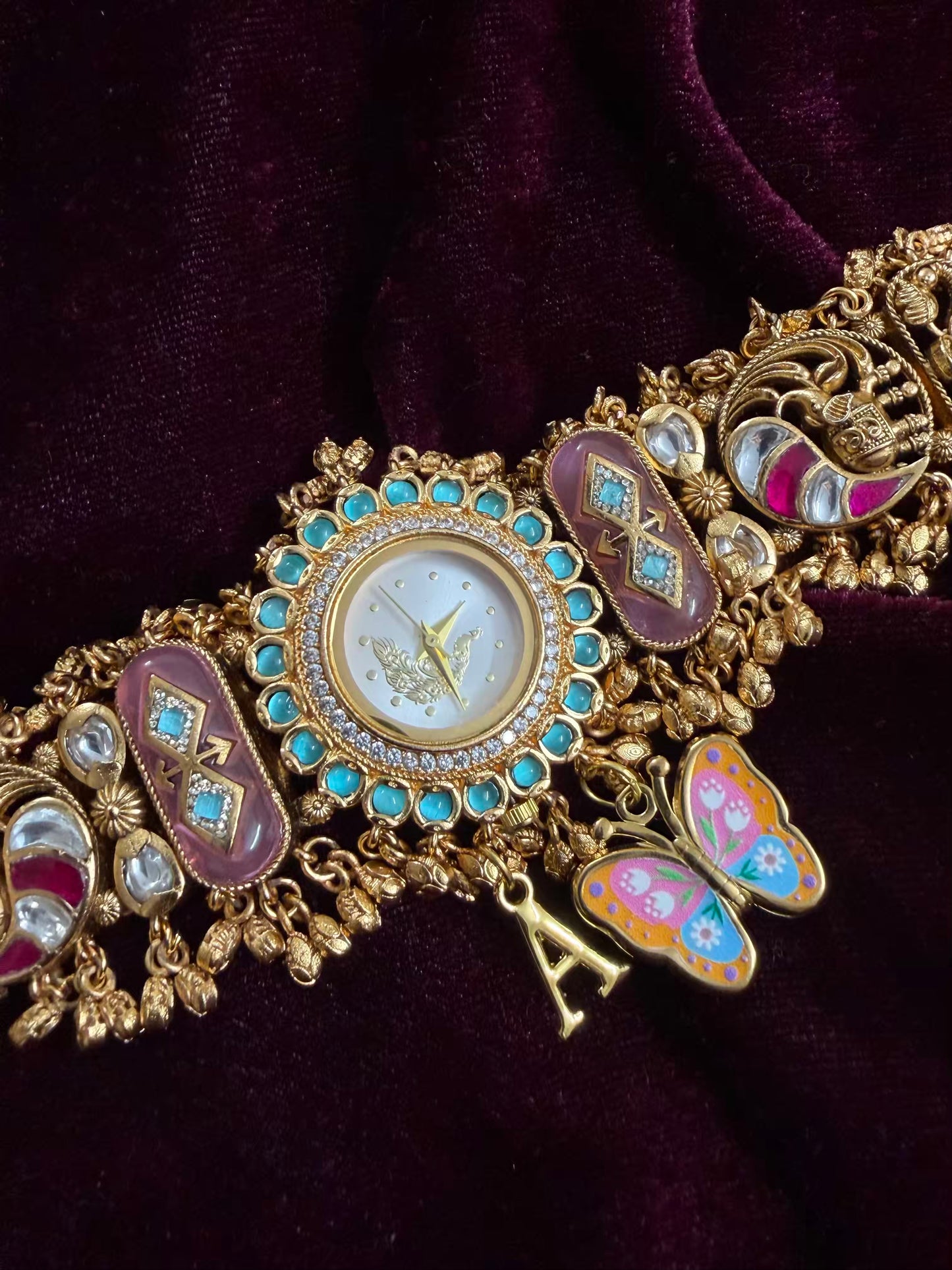 Pink Butterfly Peacock Dial Maharani Watch Heritage Bracelet ( Add your initial FREE )