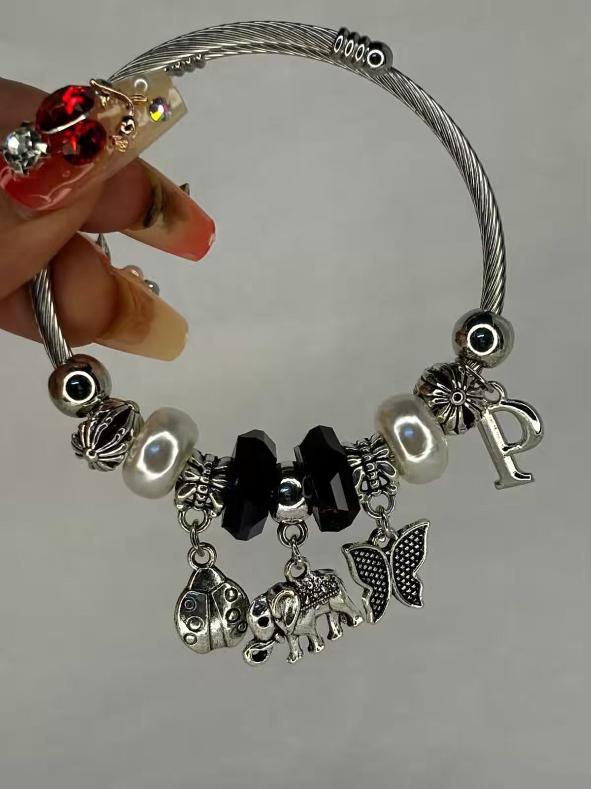 Pandora Charms Black Elephant Beetle Bug Bracelet With Customised Initial  ( Silver )