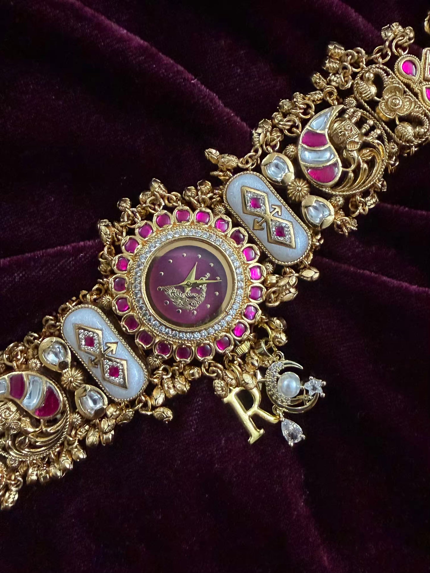 Burgundy Peacock Dial Maharani Watch Heritage Bracelet ( Add your initial FREE )