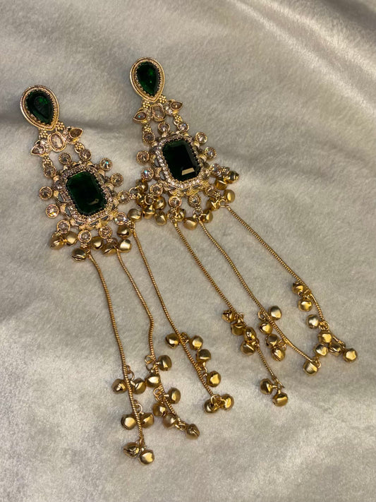 Green Emerald Kashmiri Brass Premium Plated Ghungroo Earrings ( FLAT 15% off At Cart )
