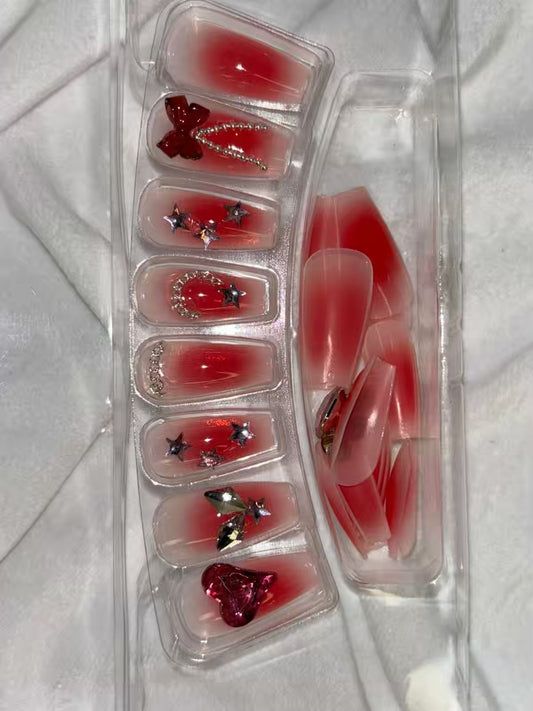 Red Chains Bows Shimmery Fancy Party Bridal Press On Nails ( Set of 24 )