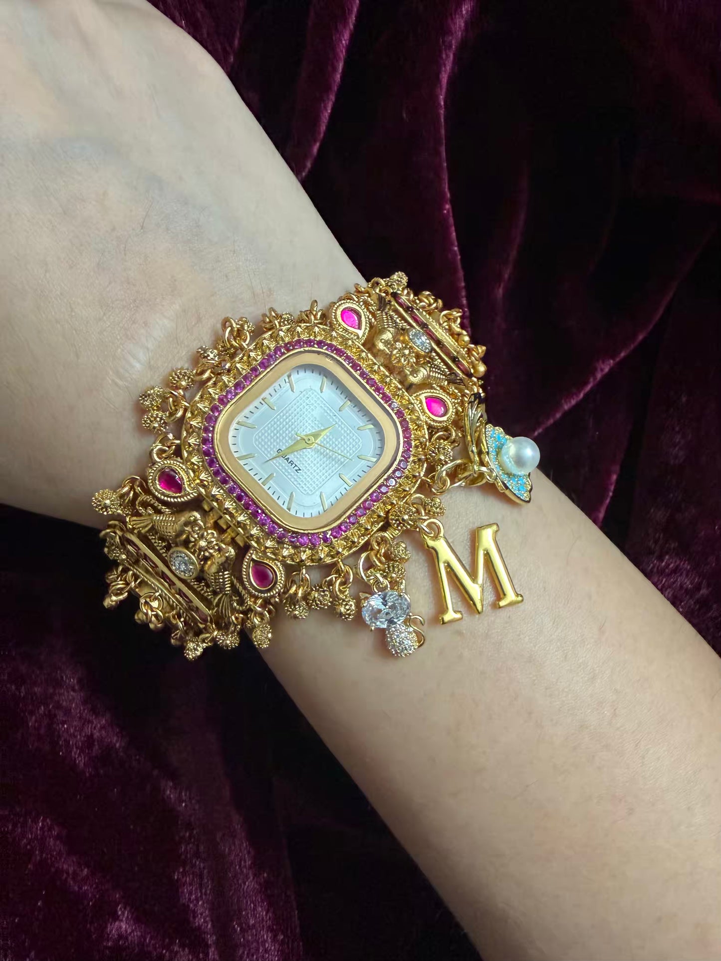 Square Dial Maharani Watch Heritage Bracelet with Charms