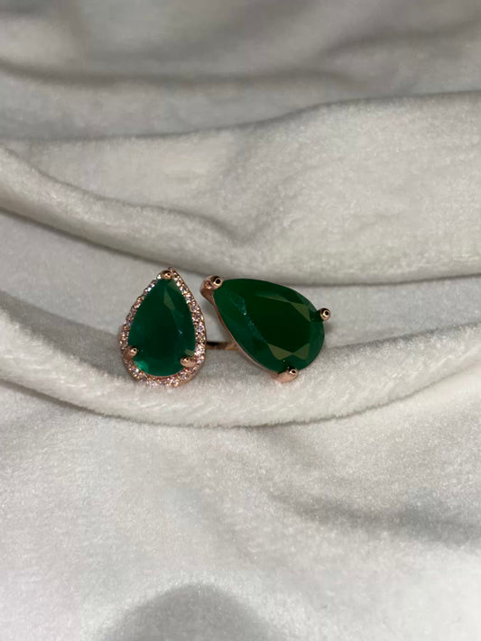 Green Emerald Dew Drop Rose Gold Ring- Adjustable