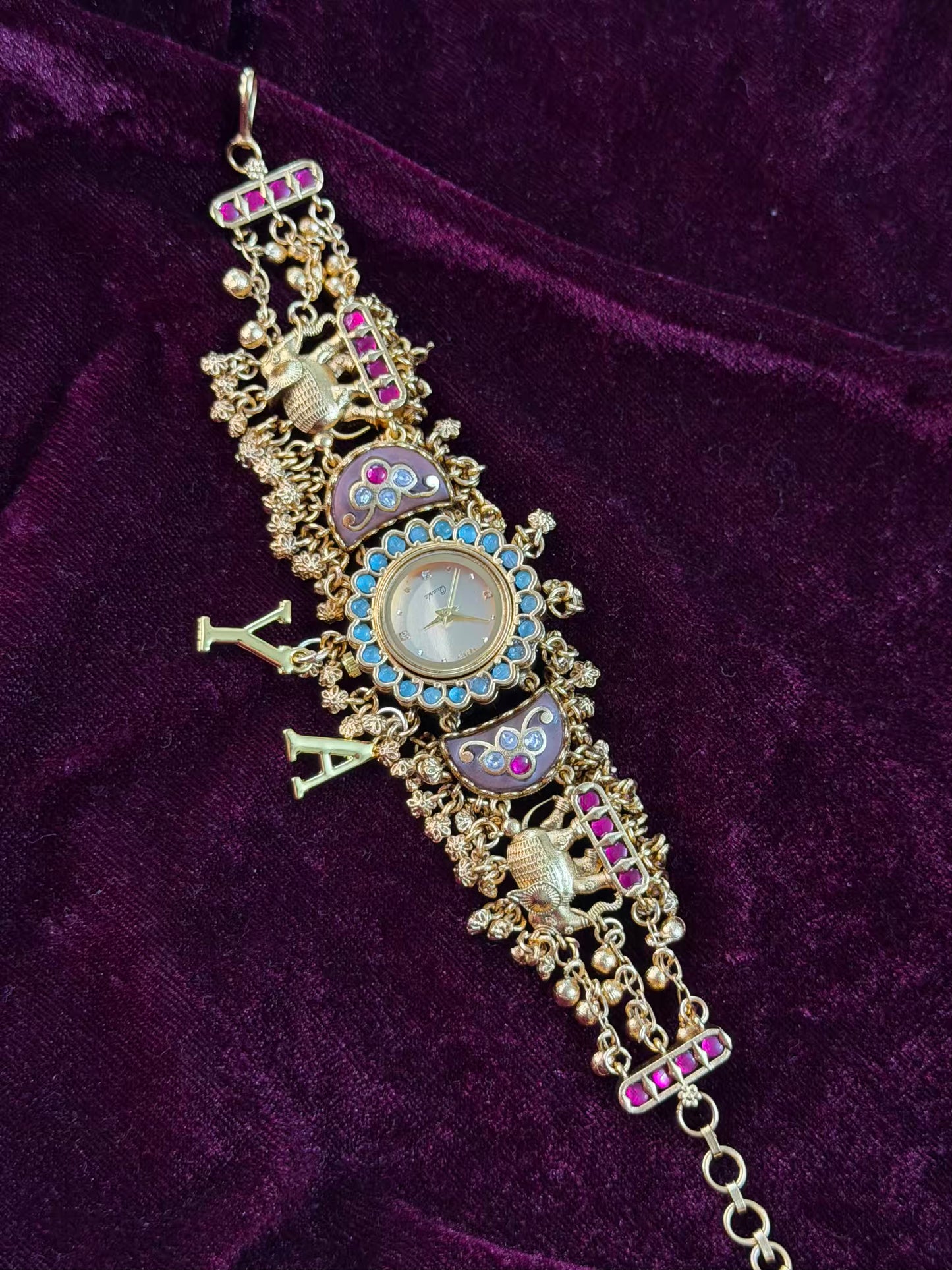 Green in Burgundy Dial Half Moon Maharani Watch Design Bracelet