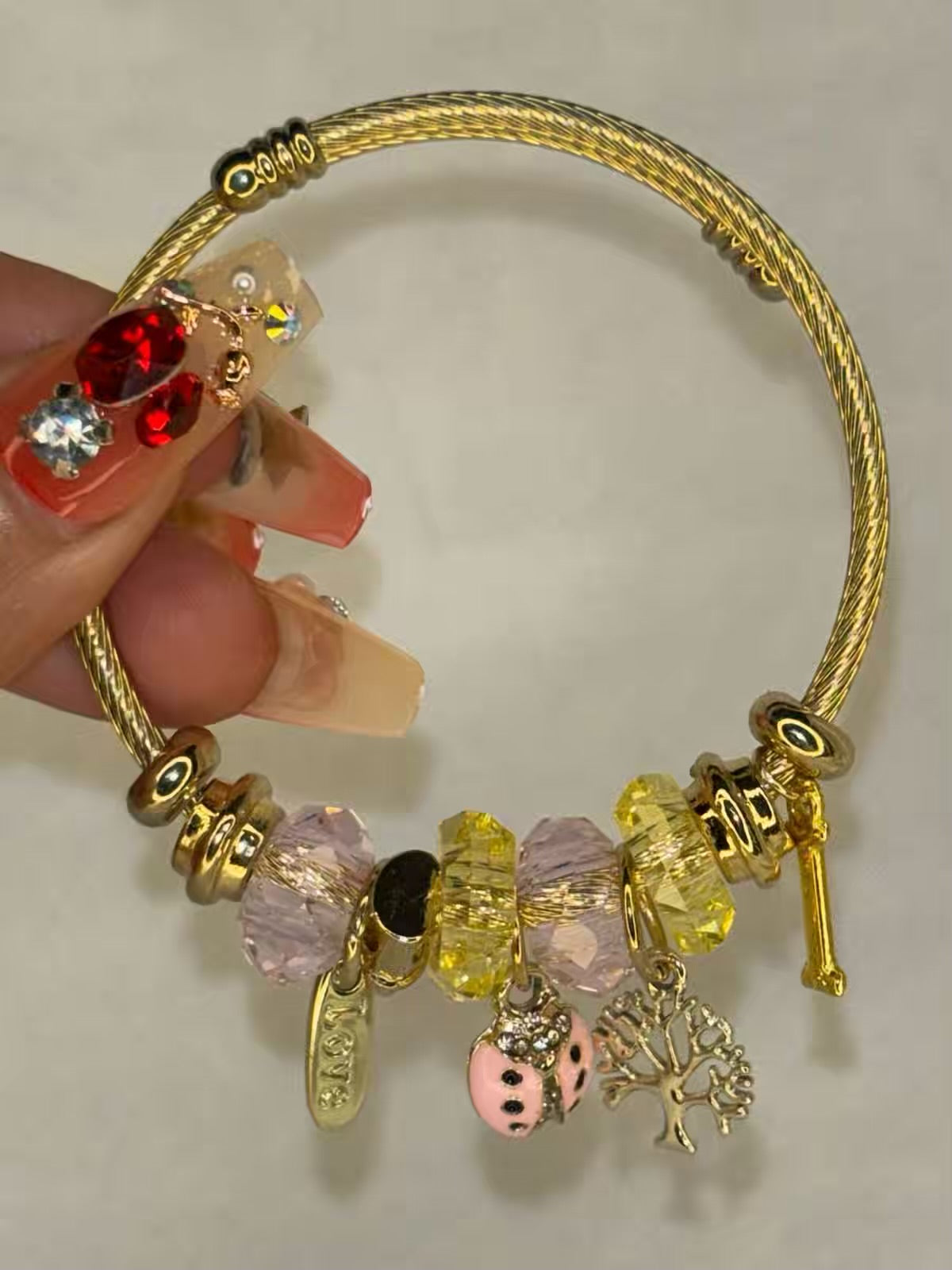 Pandora Charms Pink Bug Tree Bracelet With Customised Initial  ( Gold )