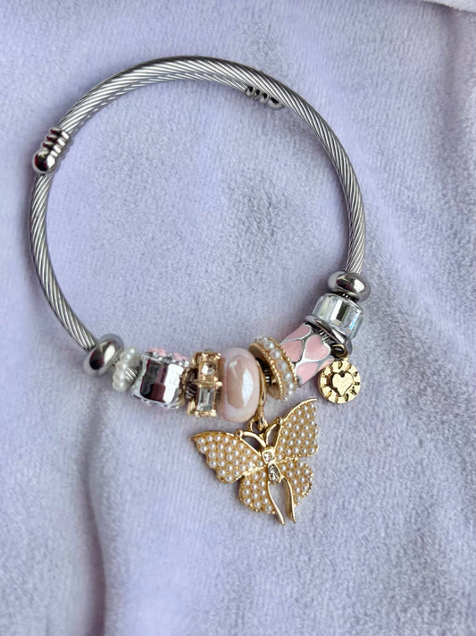 Pandora Charms Pink Butterfly Bracelet With Customised Initial  ( Silver )