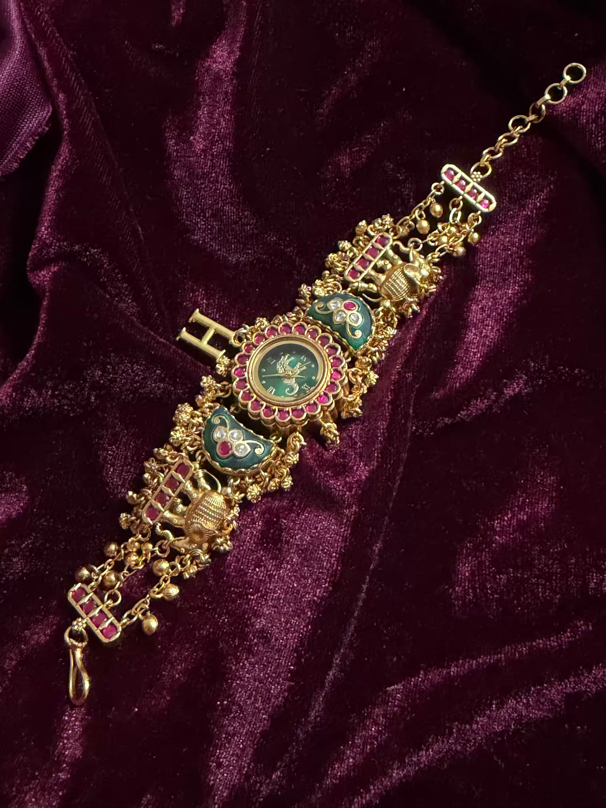 Green Elephant Dial Maharani Watch Design Heritage Bracelet (Customise FREE Initial )