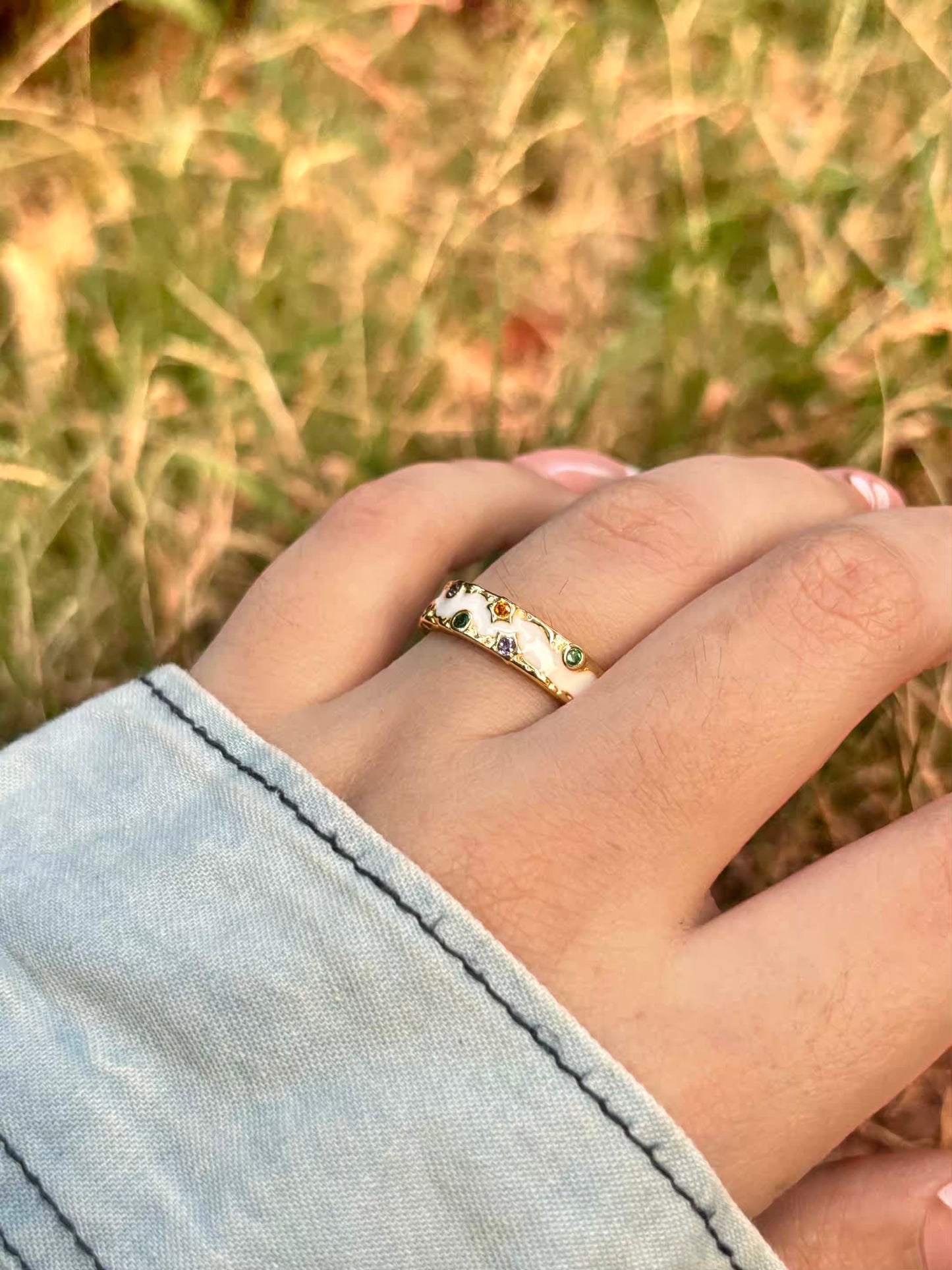 Colourful Studs White Band Ring - Adjustable