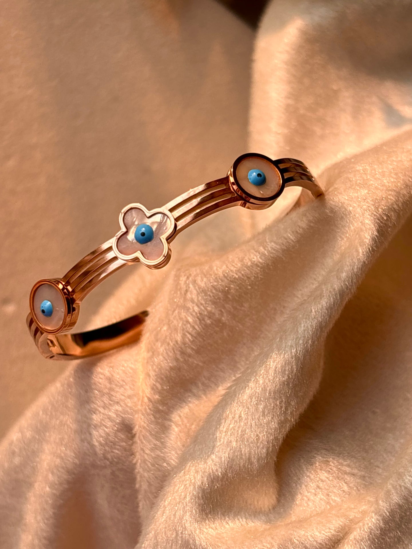 Clover Evil Eye Kada Bracelet Bangle - Rose Gold