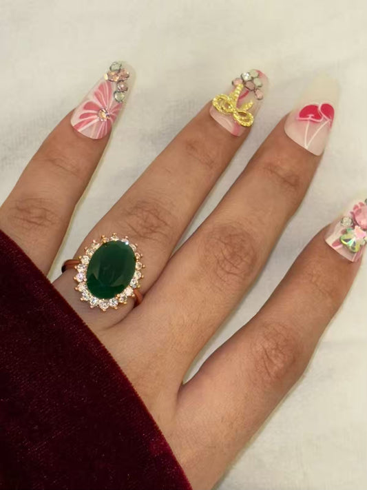 Princess Green Emerald Solitaire Adjustable Ring ( Rose Gold)