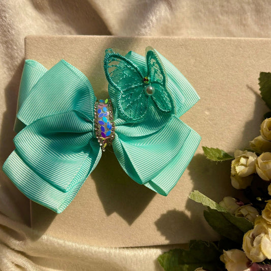 Butterfly Shimmer Double Hair Bow Clip For Women - Ocean Green ( Ribboned)