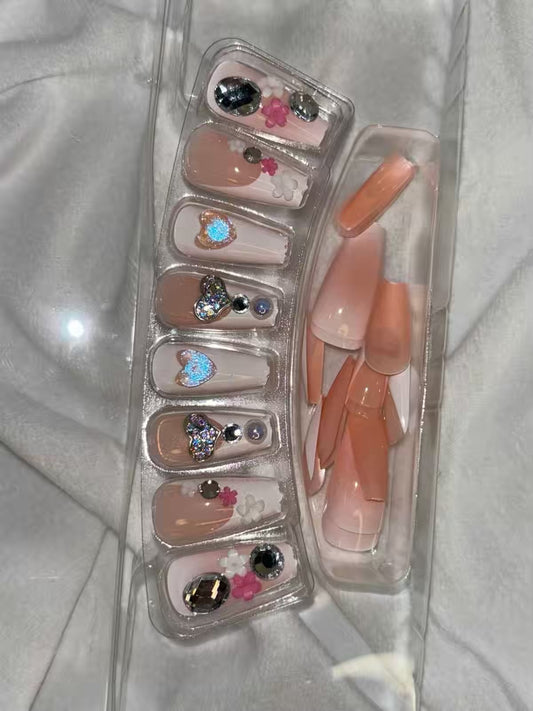 White Nude Peach Hearts Shimmery Fancy Party Bridal Press On Nails ( Set of 24 ) guy