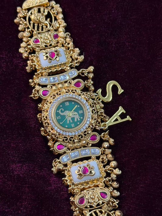 Green Dial White Elephant Dial Maharani Watch Design Heritage Bracelet (Customise Initial )