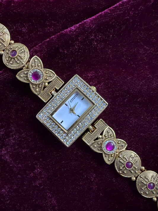 Square Dial Royal Gold Maharani Watch Design Heritage Bracelet
