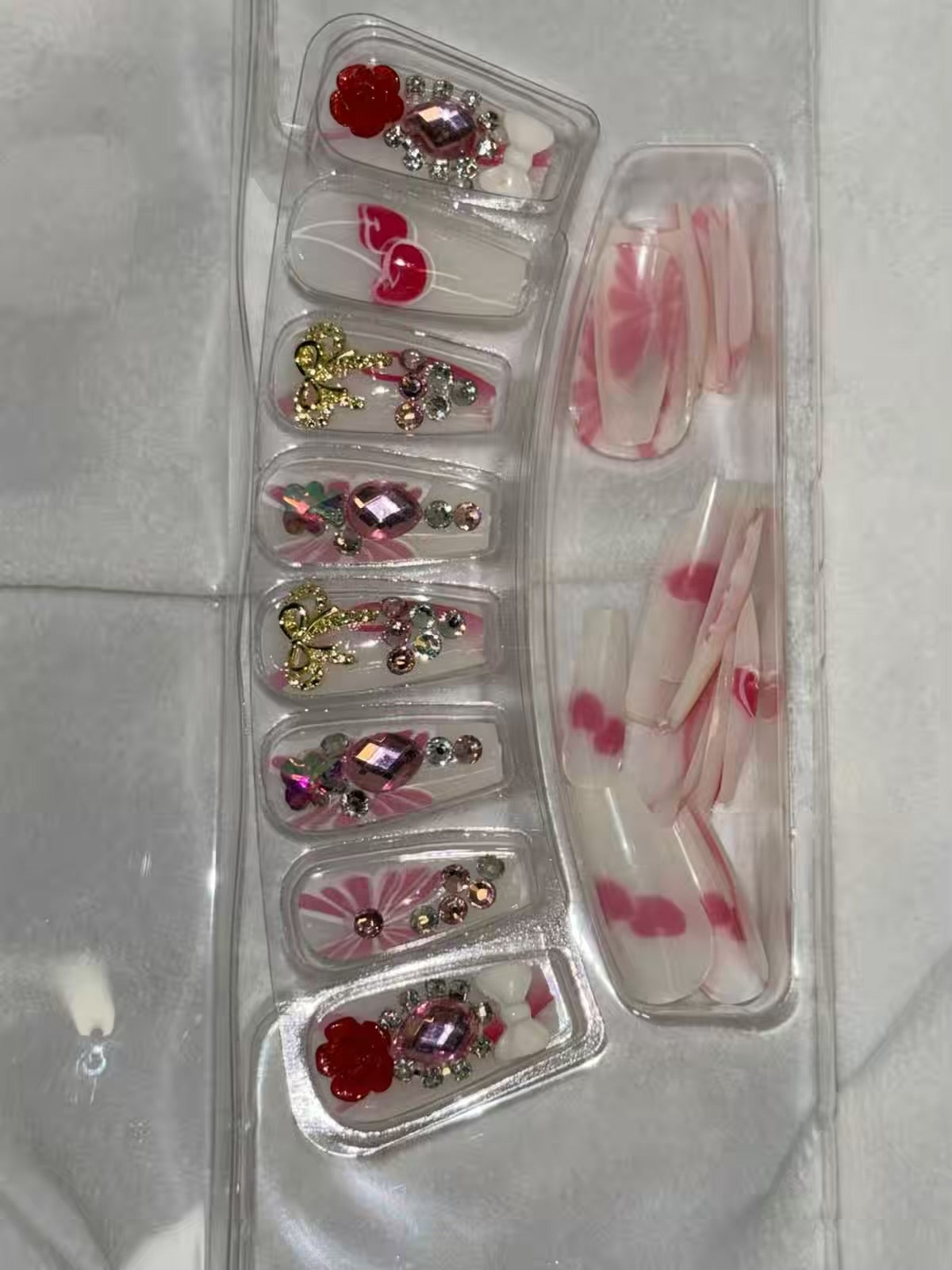 White Cherry Pink Stones Shimmery Fancy Party Bridal Press On Nails ( Set of 24 )