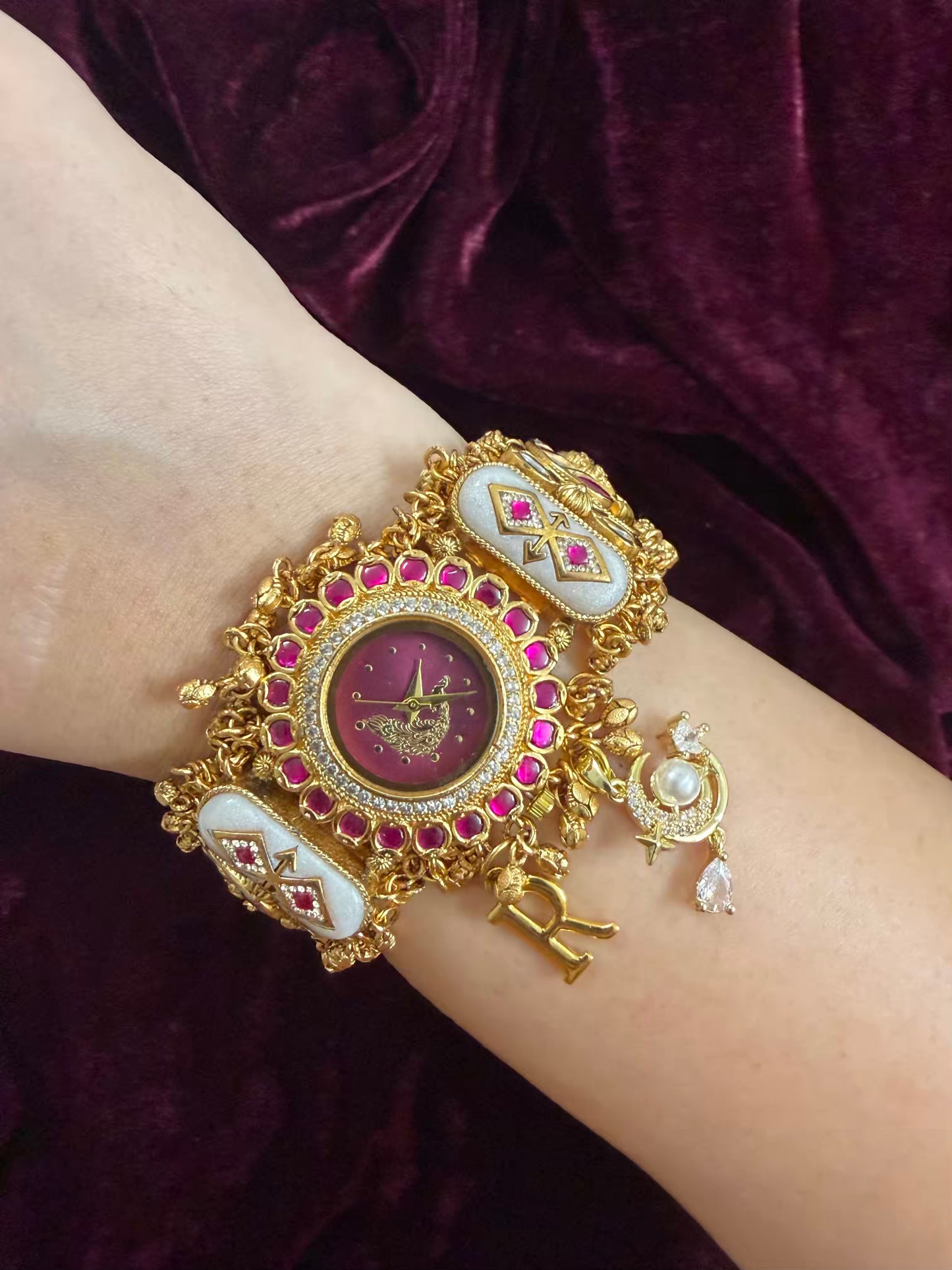 Burgundy Peacock Dial Maharani Watch Heritage Bracelet ( Add your initial FREE )