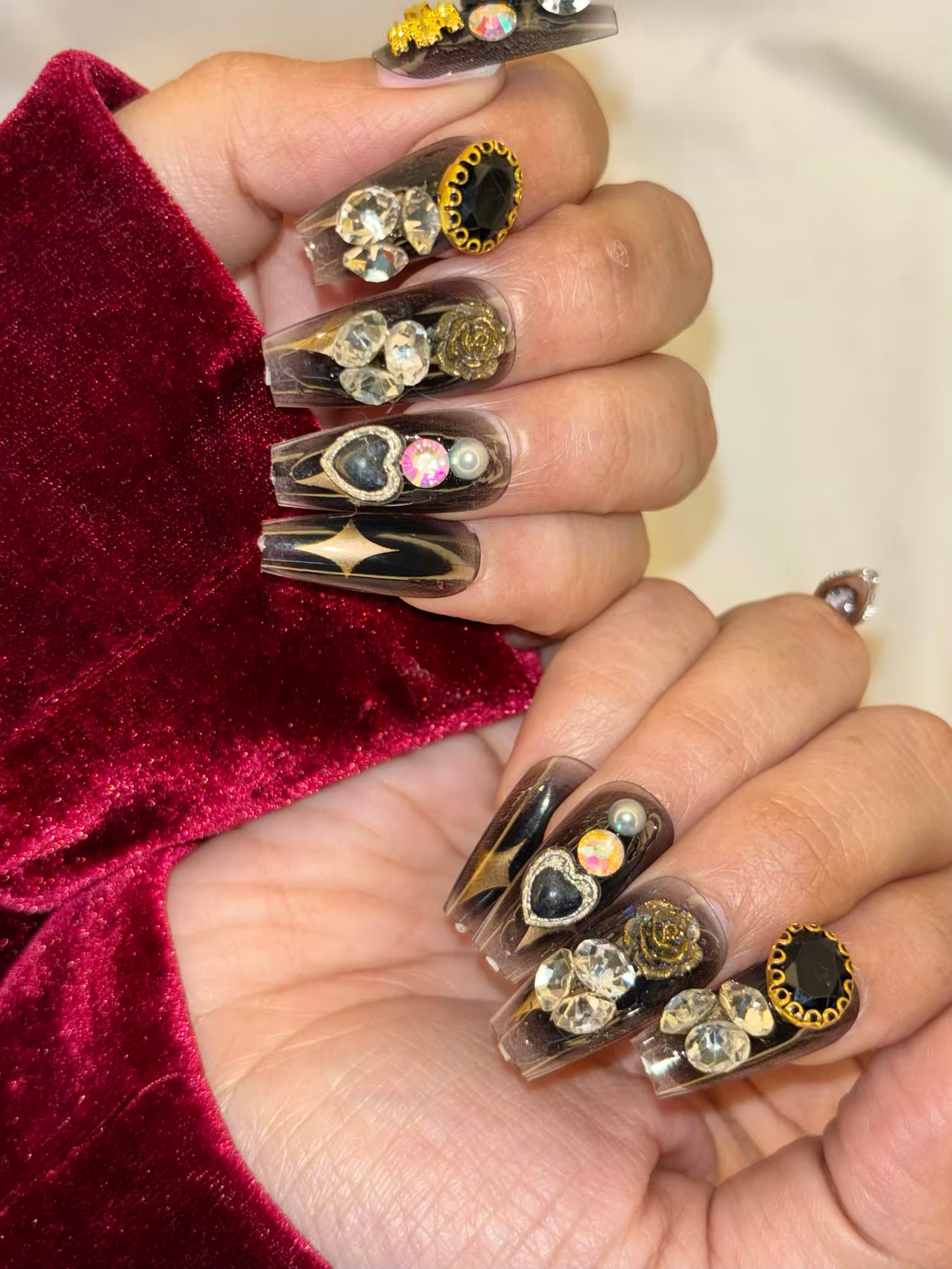 Studded Black Rose Stone Fancy Party Press On Nails ( Set of 24 )