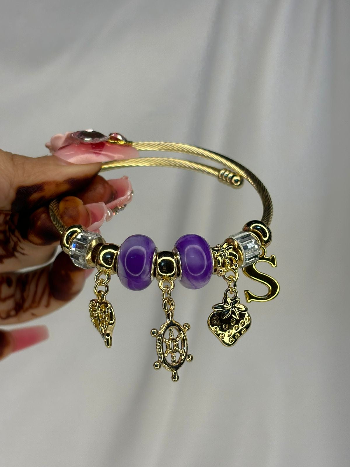 Pandora Charms Purple Charms Bracelet With Customised Initial (Gold)