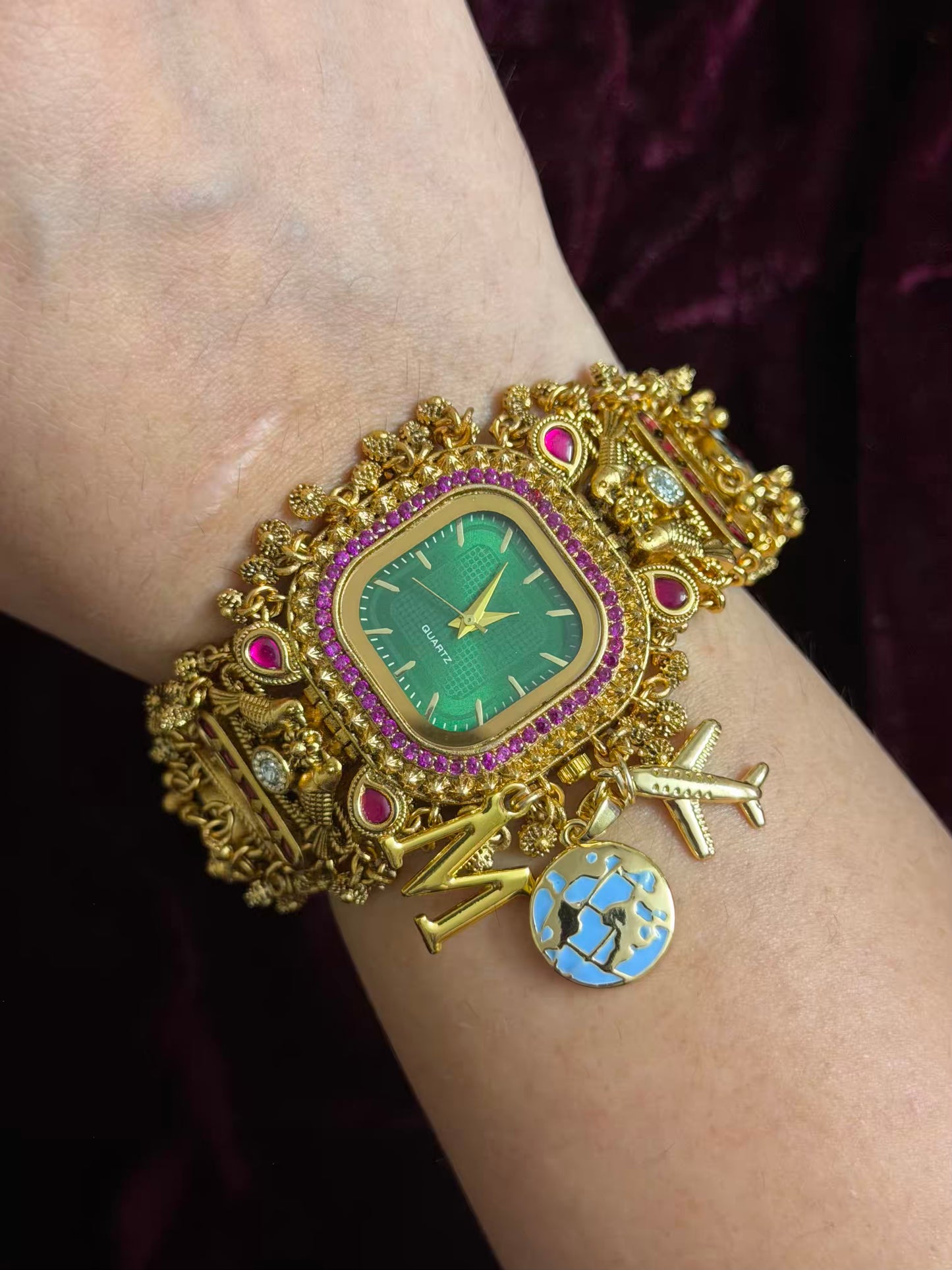 Square Dial Maharani Watch Heritage Bracelet with Charms