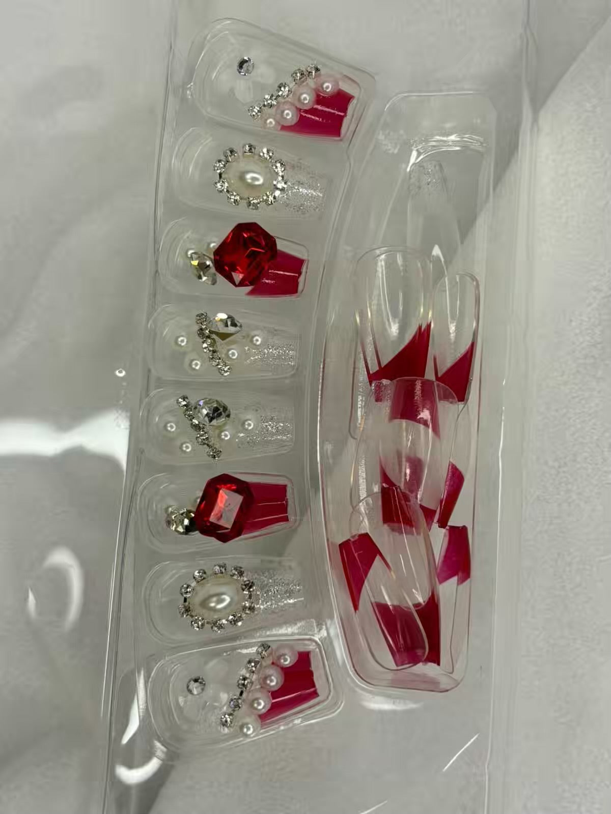 Transparent Red Ruby Stones Fancy Party Bridal Press On Nails ( Set of 24 )