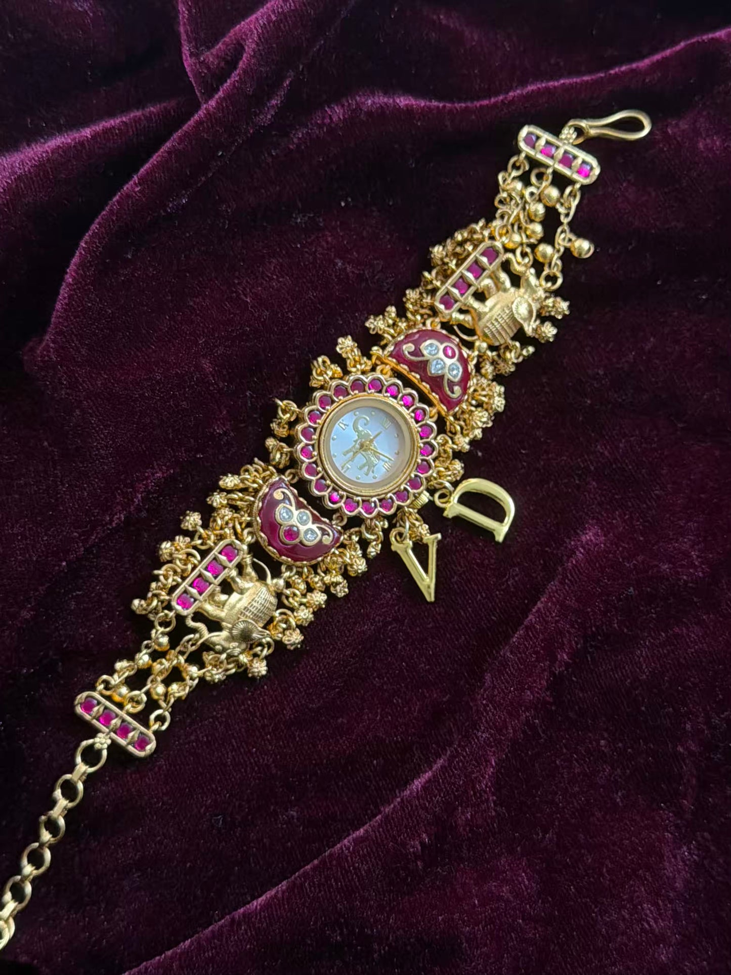 Green in Burgundy Dial Half Moon Maharani Watch Design Bracelet