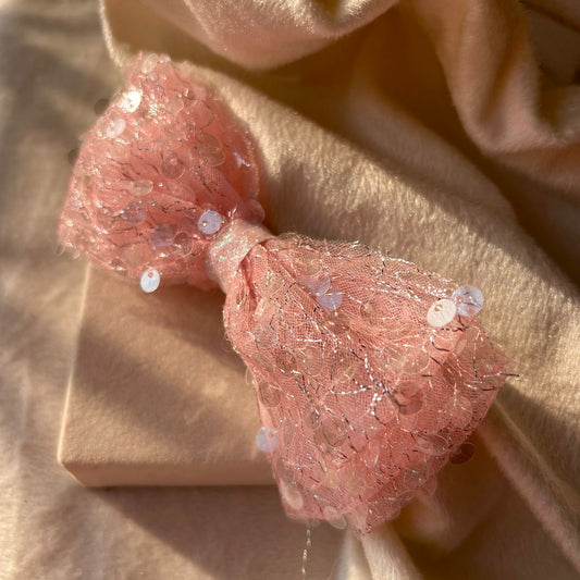 Sequined Hair Bow Clip For Women ( Peach Netted )
