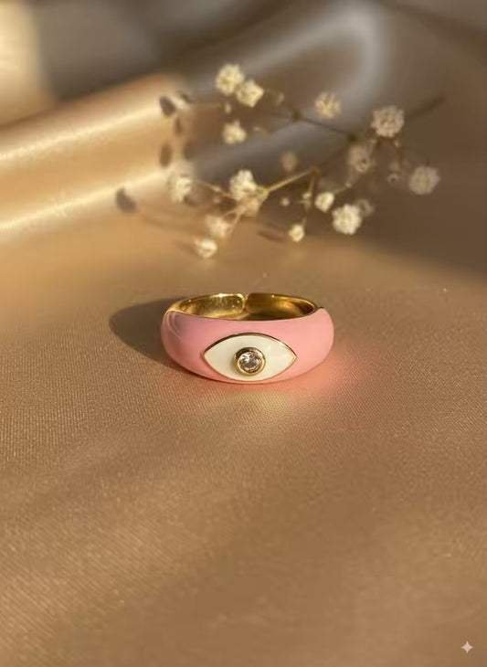 Baby Pink Evil Eye Gold  Plated Premium Ring (Adjustable)