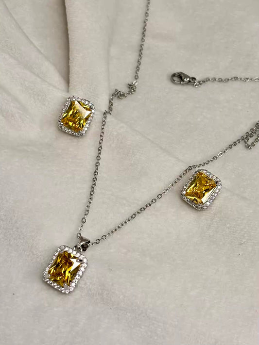 Citrine Yellow Diamond Necklace Ear Studs Set - Silver Plated