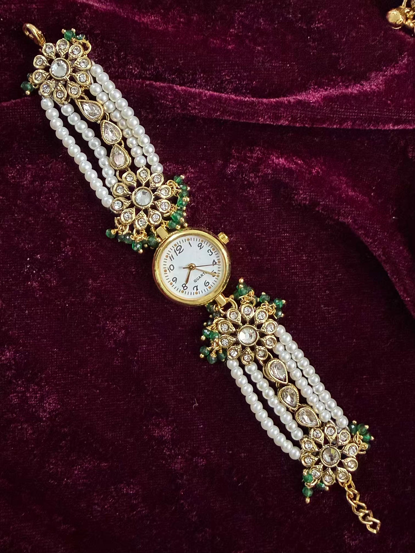 Kundan Green Gold Maharani Watch Design Heritage Bracelet
