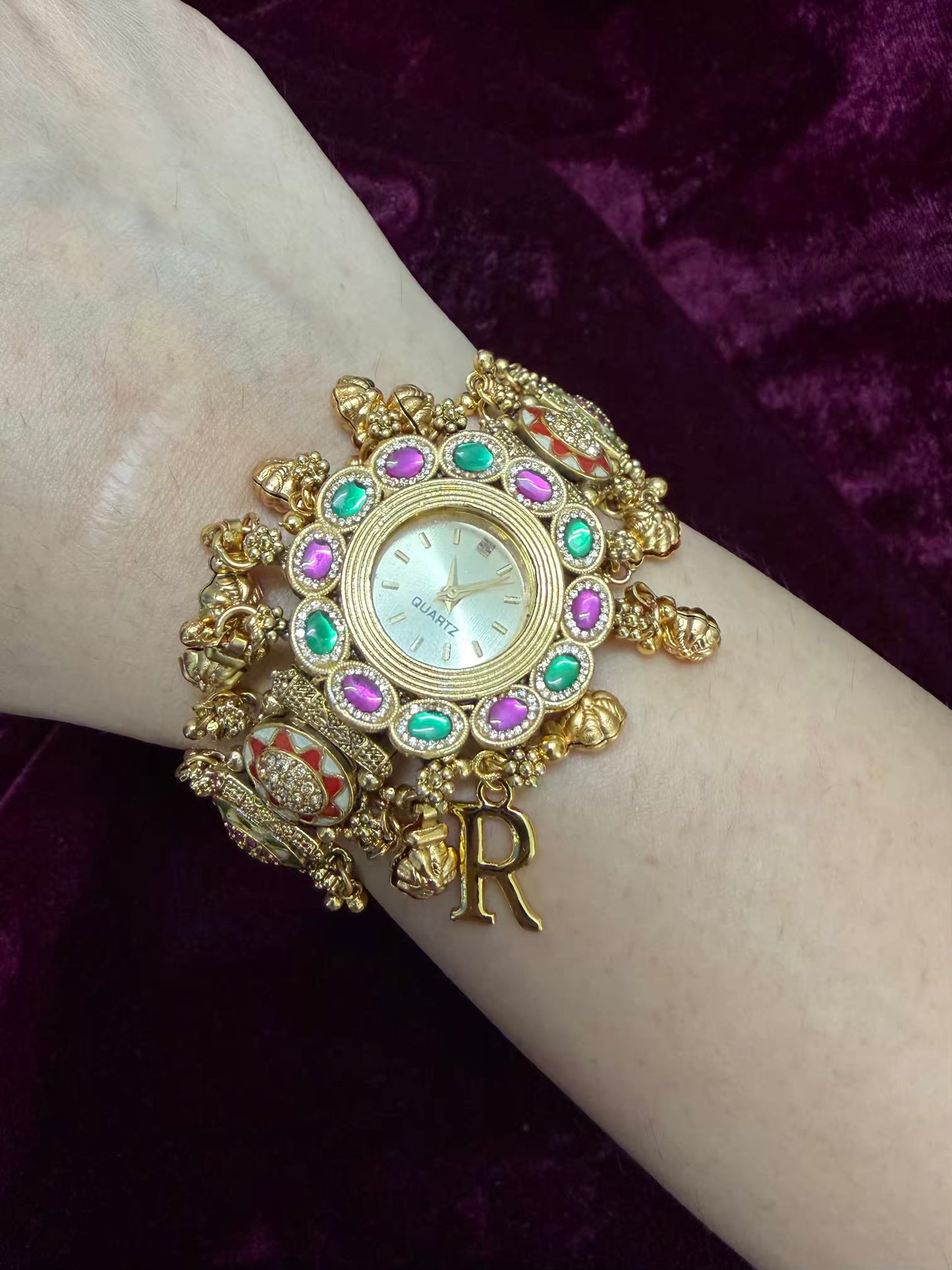 Premium Meenakari Lavender Emerald Heritage Watch Rakhi with Pastel Enamel (Free Initial)