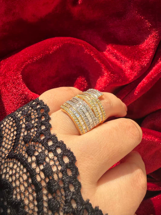 Layered Round Crown Crystal 18K Gold Plated Statement Ring Adjustable
