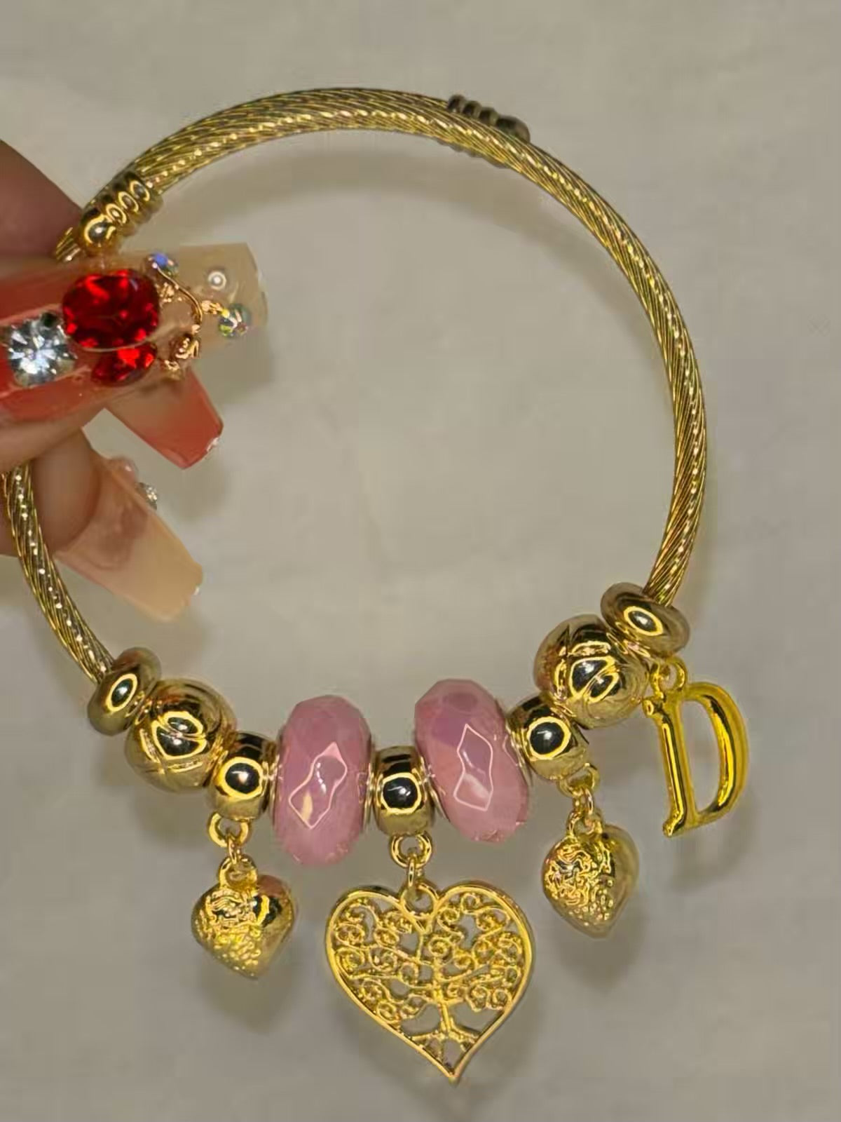 Pandora Charms Pink Heart  Bracelet With Customised Initial  ( Gold )