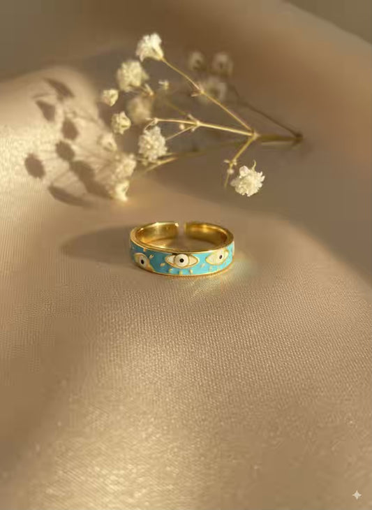 Sky blue Small Evil Eye Gold Plated Premium Ring (Adjustable)