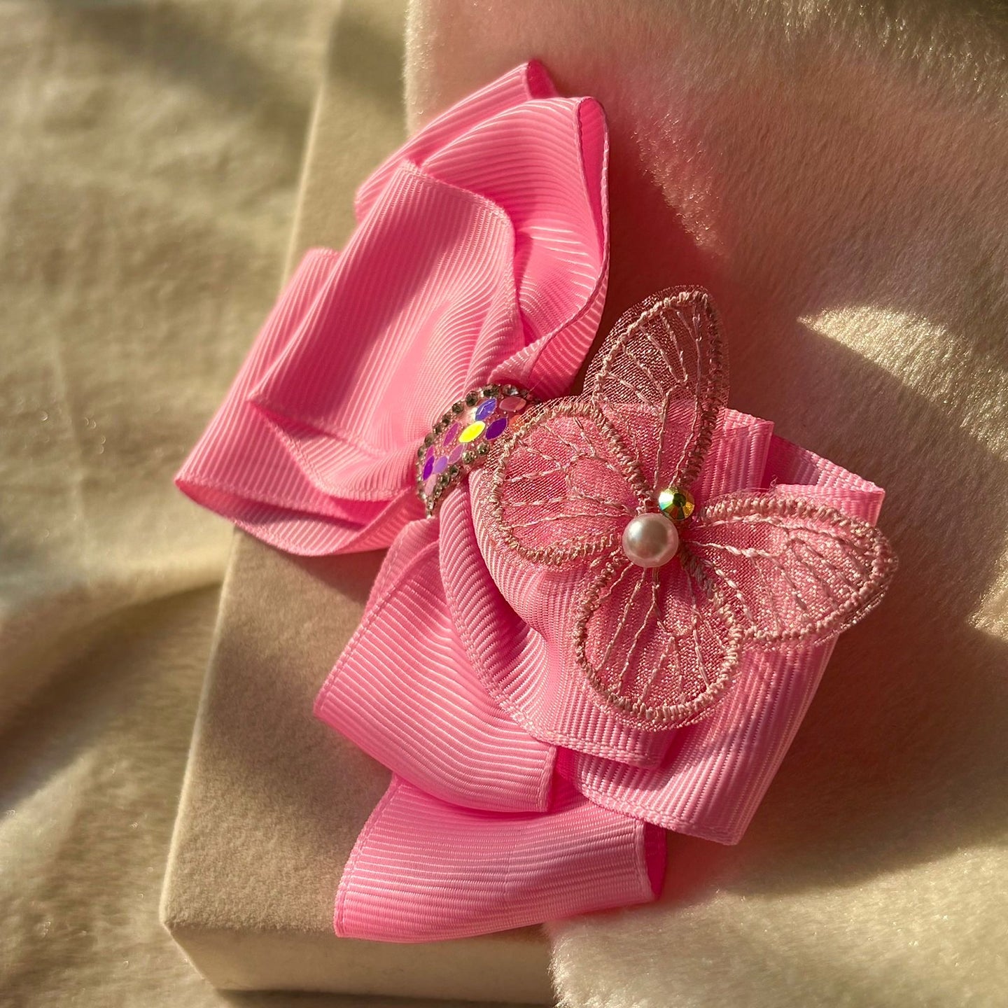 Butterfly Shimmer Double Hair Bow Clip For Women - Rose Light Pink  ( Ribboned)