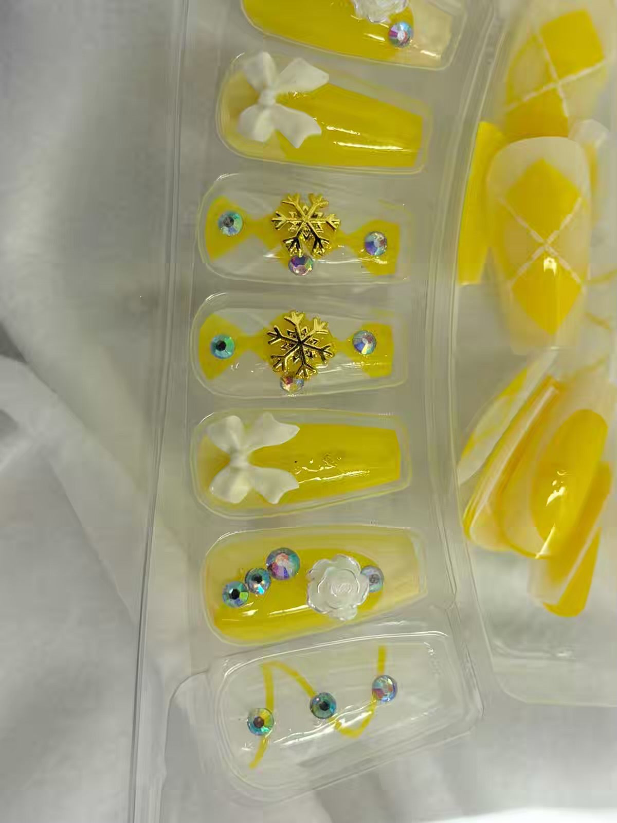 Yellow White Bow French Shimmery Fancy Party Bridal Press On Nails ( Set of 24 )