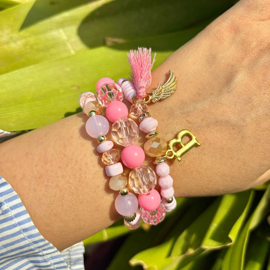 Pink Crystals Stack Elastic Bracelet With Customised Initial ( Silver )