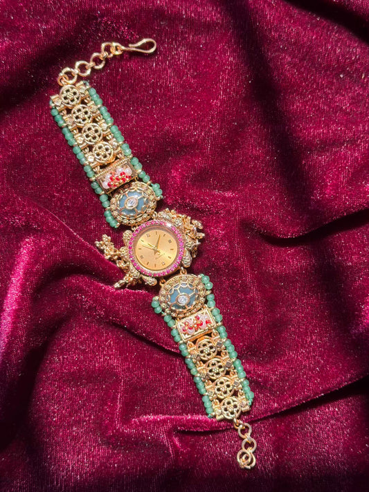 Pink Gold Dial Loaded Green Rajwadi Gold Plated Heritage Maharani Watch