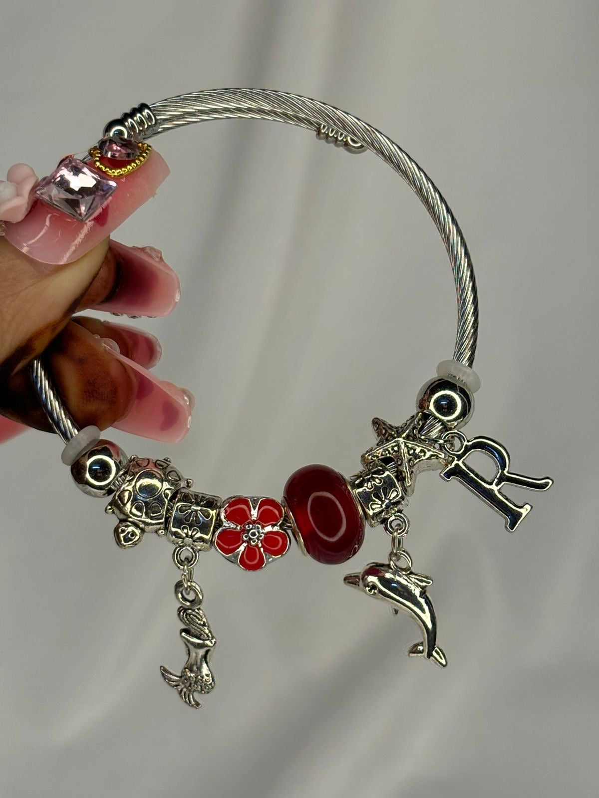 Pandora Charms Mermaid Dolphin Maroon Bracelet With Customised Initial ( Silver )