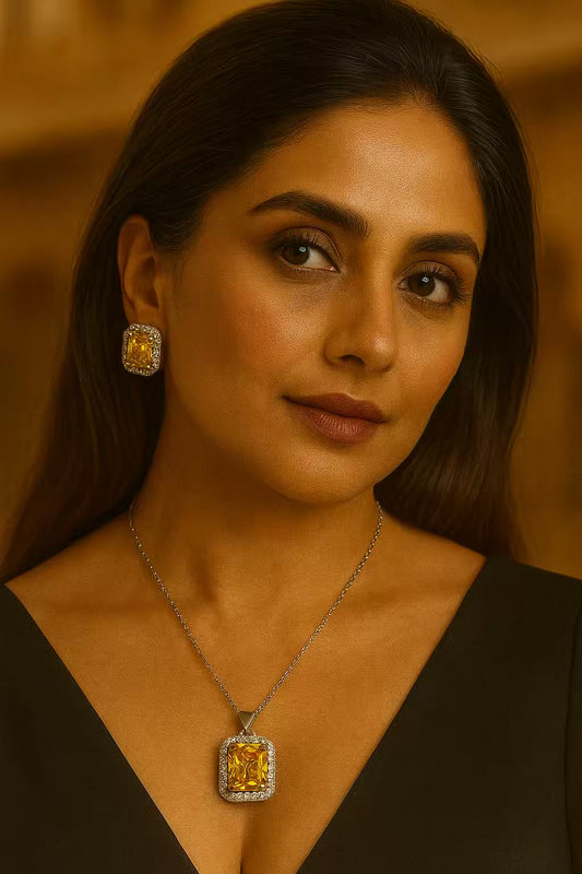 Citrine Yellow Diamond Necklace Ear Studs Set - Silver Plated