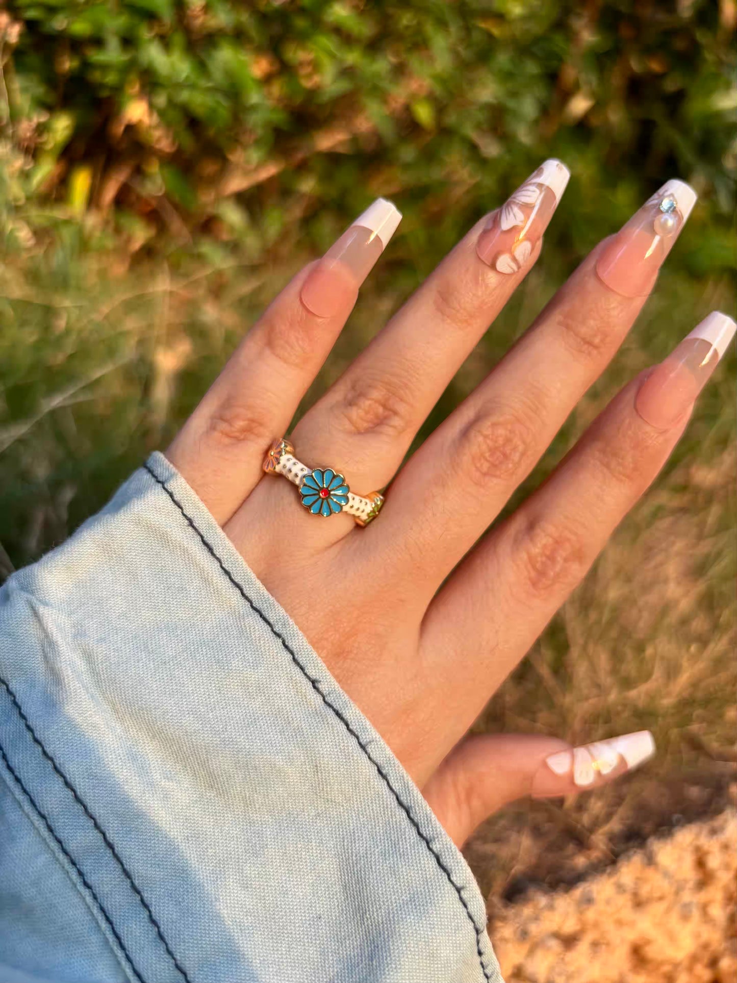 Blue Sunflower Band Ring - Adjustable
