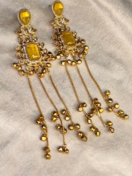 Yellow Stud Kashmiri Brass Premium Plated Ghungroo Earrings ( FLAT 15% off At Cart )