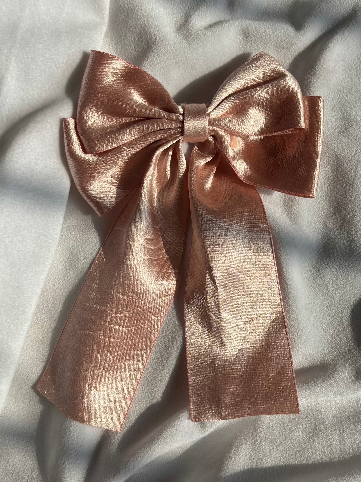 Peach Layered Hair Bow Clip For Women -( Satin Textured )