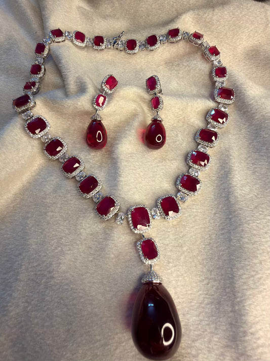 Nita Ambani Inspired Ruby 100 carats Replica Solitaire Rhodium Silver Necklace ( Open Delivery Available in Mumbai / Thane )( Prepaid / Partial COD )