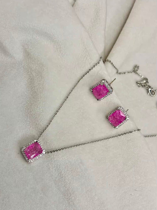 Fuschia Pink Milky Stones Diamond Necklace Ear Studs Set - Silver Plated